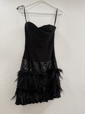 Black Sequin & Feather Mini Dress - Spaghetti Strap